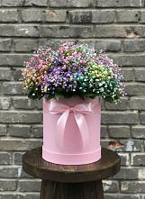 Цветочная композиция из Гипсофила и Розы в шляпной коробке в Приморско-Ахтарске