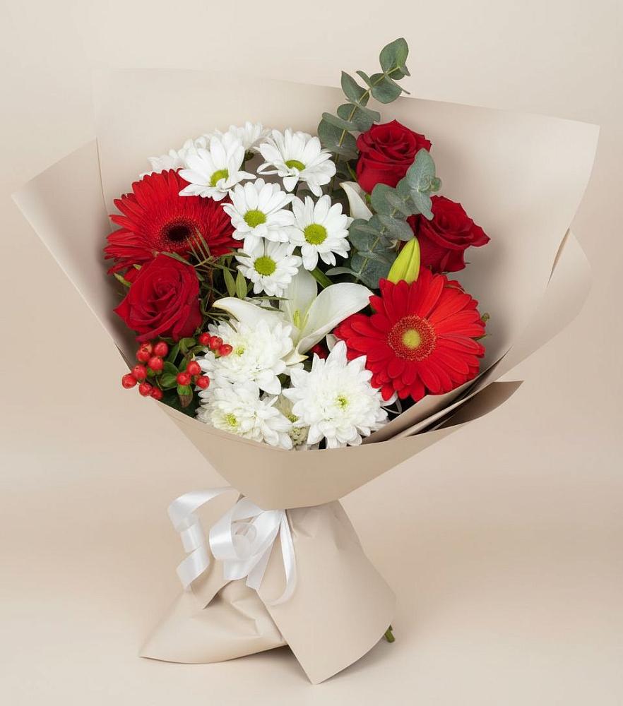 Букет цветов из: Розы, Хризантемы, Герберы и Лилии в Приморско-Ахтарске