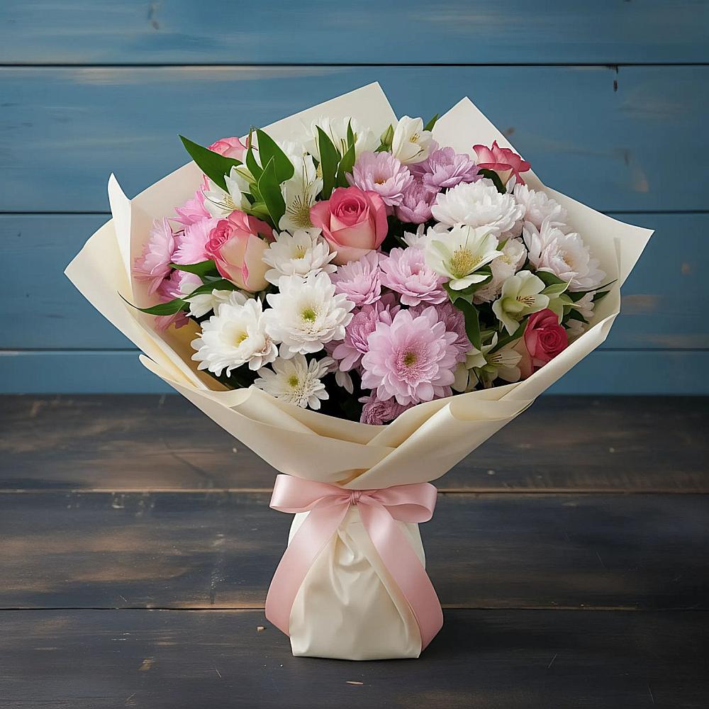 Букет цветов из: Хризантемы, Альстромерии и Розы в Приморско-Ахтарске